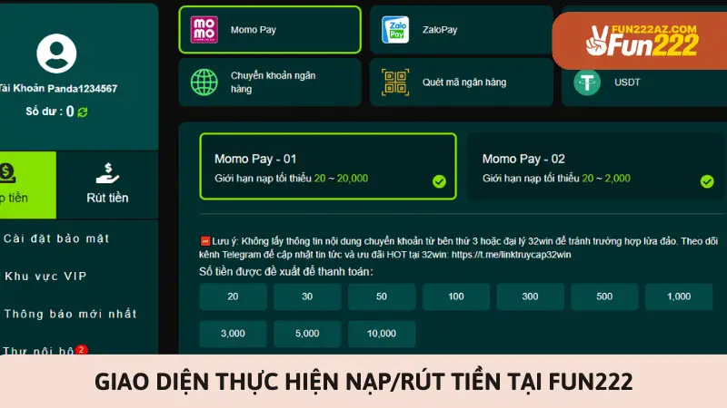 Giao diện thực hiện nạp/rút tiền tại Fun222