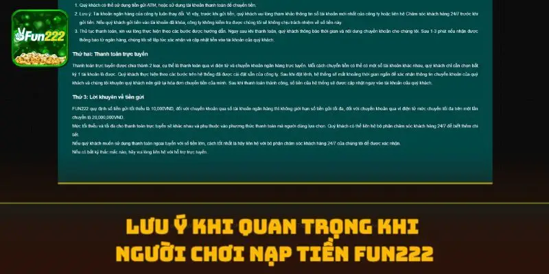Lưu ý khi quan trọng khi người chơi nạp tiền FUN222