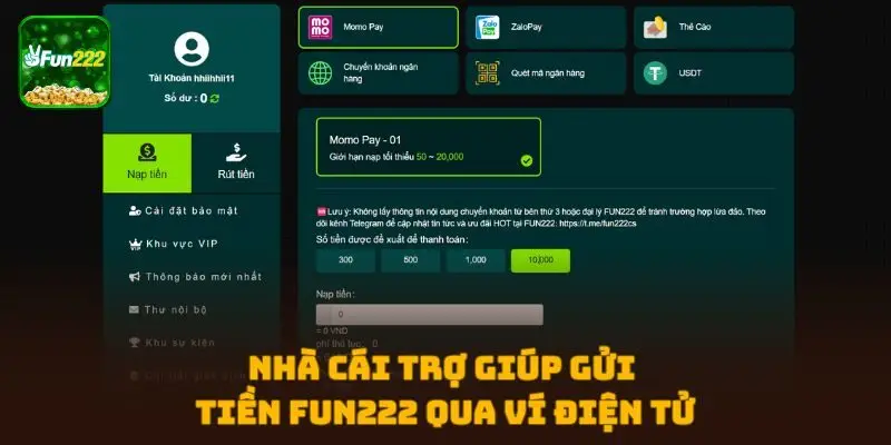 Nhà cái trợ giúp gửi tiền FUN222 qua ví điện tử